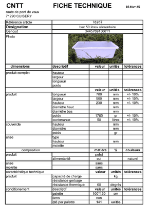 Equipement ferme, jardin - Contenants - Bac alimentaire 50L